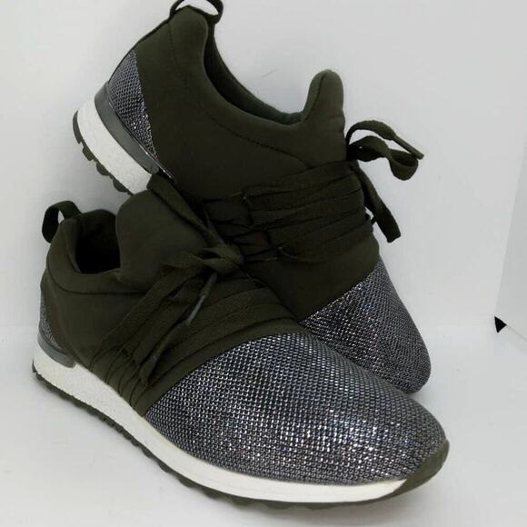 Qupid Designer Glitter Women's Pre-owned Dark Green Lace Up Sneakers - sz. 7 - Picture 1 of 6